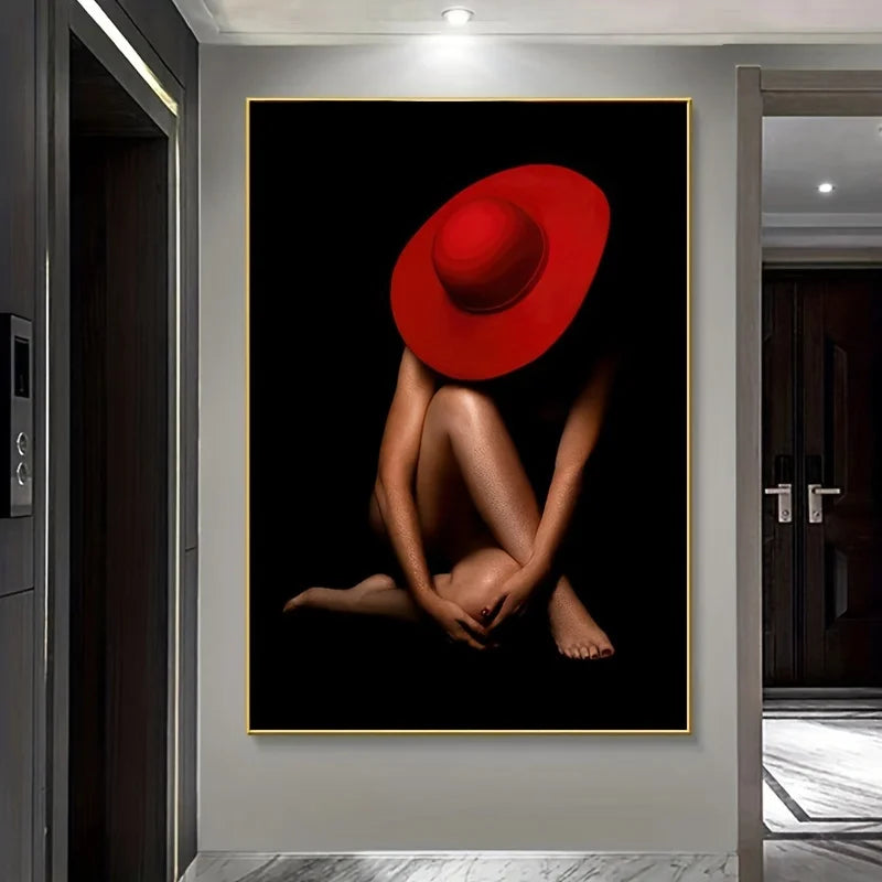 1pc Modern Abstract Red Hat Frameless Wall Art Canvas Print, Contemporary Female Form Poster for Living Room and Bedroom Decor Peaceful Pleasures Health and Wellness ZLH4812 100x150cm No Frame