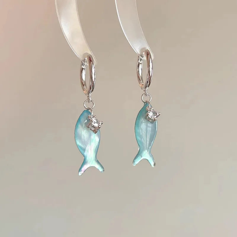 New Fashion Chinese Style Mint Mambo Mother of Pearl Small Fish Ear Button Women's Retro Forest Handmade Tassel Studded Earrings Peaceful Pleasures Health and Wellness Bronze