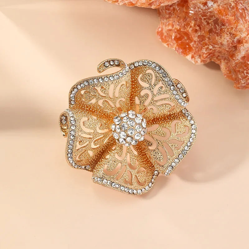 Luxury Flower Crystal Ring Women Gold Adjustable Statement Elegant