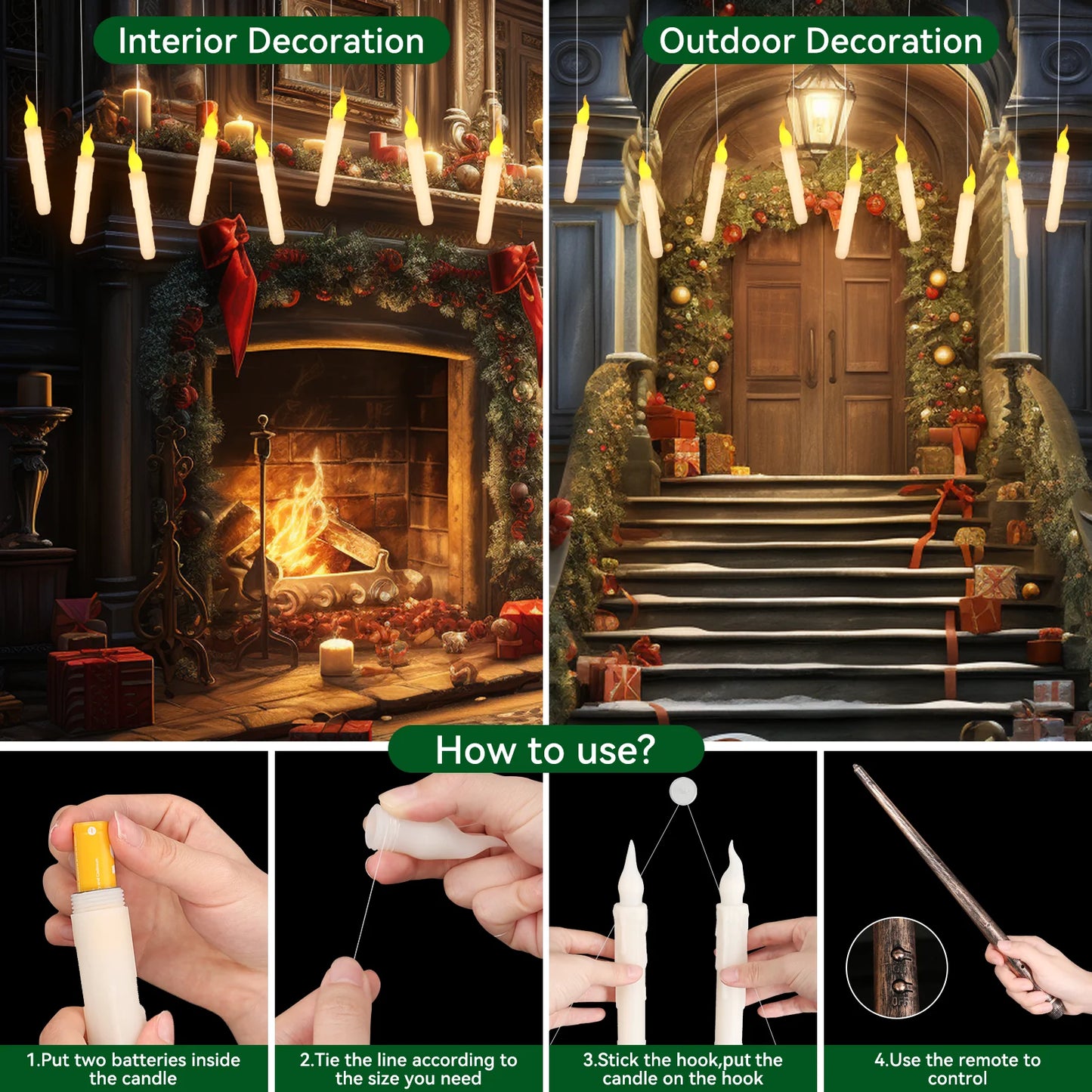 Floating Candles with Wand Magic Hanging Candles Flameless Flickering LED Taper Candle with Wand Remote Battery Window Candles Peaceful Pleasures Health and Wellness