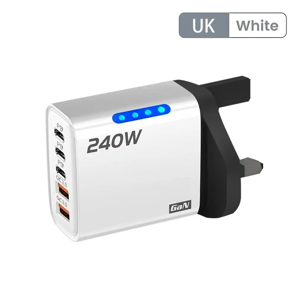 240W Fast Charger with 2 USB 3 Type-C PD 3.0 Fast Charging with LED Light for iPhone 16 Samsung Xiaomi POCO USB-C Wall Chargers Peaceful Pleasures Health and Wellness White UK