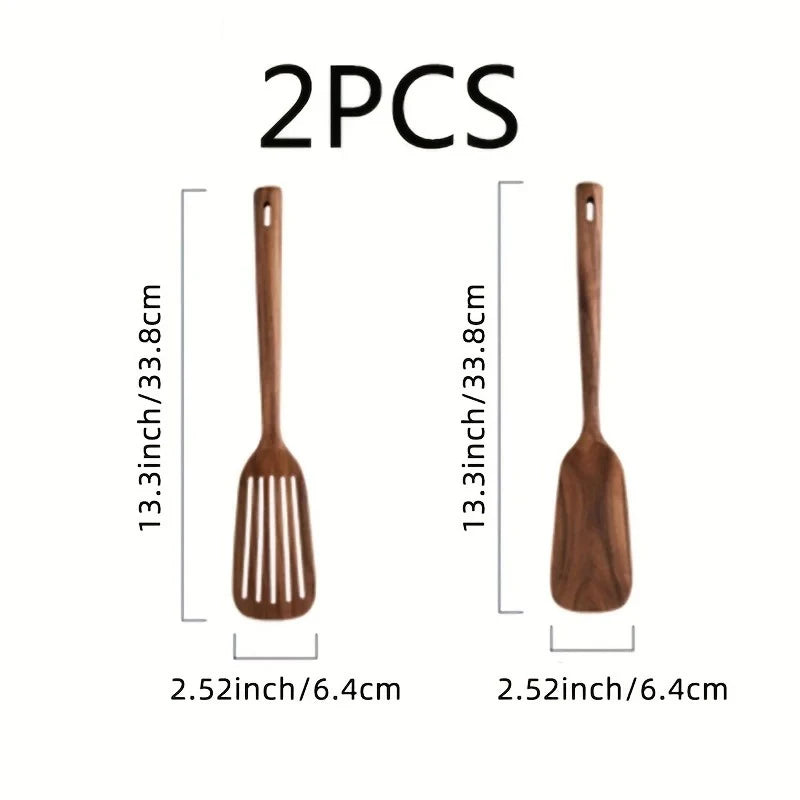 2-Piece Japanese-Style Wooden Spatula & Slotted Shovel Set – Natural Wood Cooking Utensils for Non-Stick Cookware
