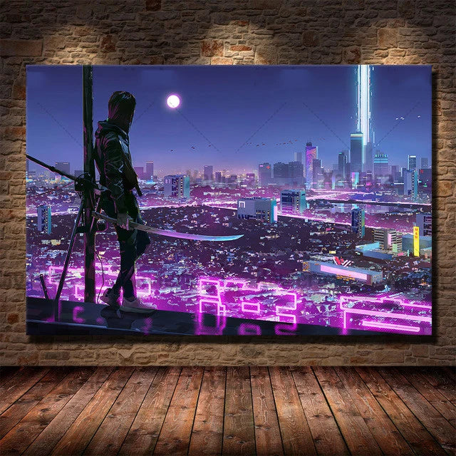 Canvas Art Painting Future Sci-Fi Punk Style Artwork Night City Street Scenery Poster Technology Wall Picture Home Decoration Peaceful Pleasures Health and Wellness 14 20x30cm Unframed