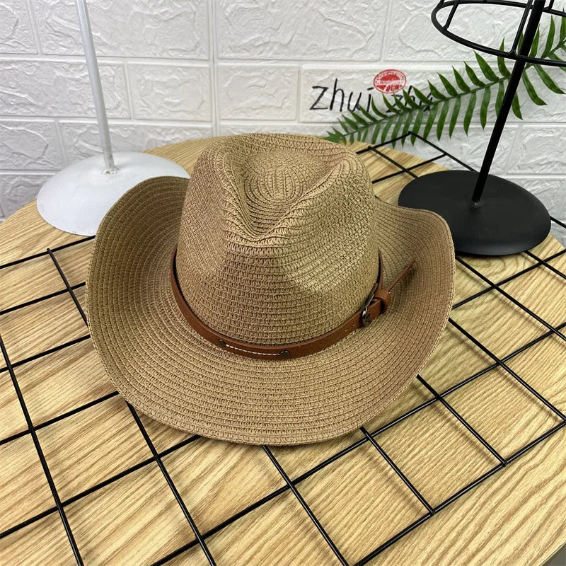 Wide Brim Straw Cowboy Hat – Unisex Sun Protection Summer Hat