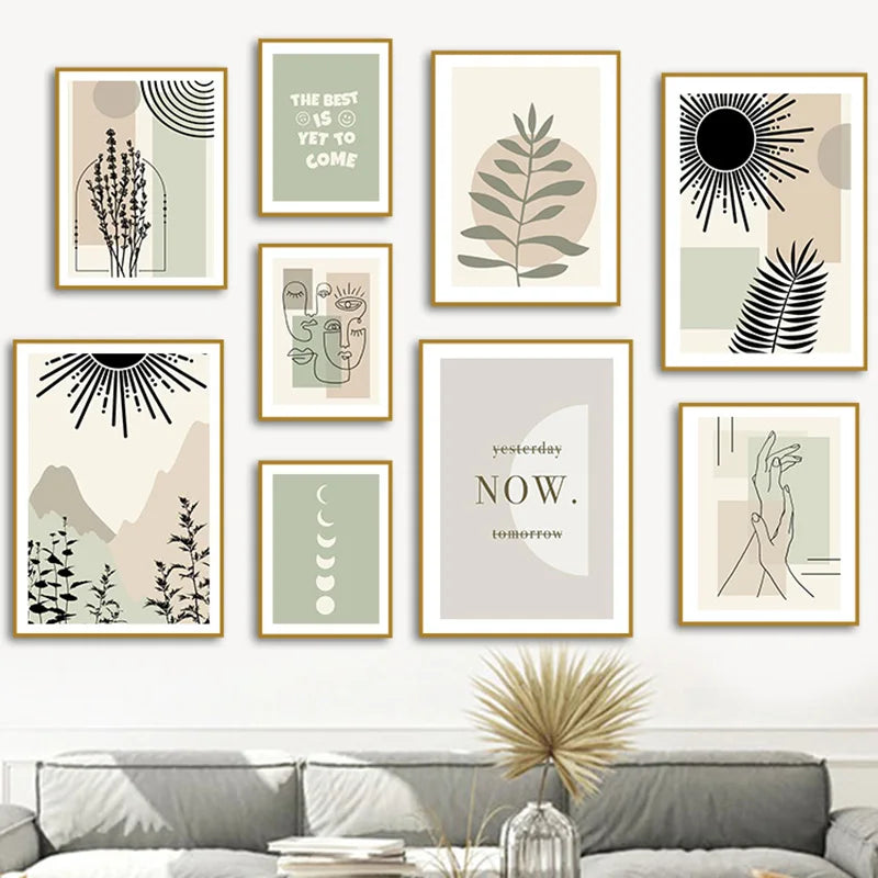 Boho Sage Green Leaves Face Posters Abstract Artwork Geometric Wall Art Canvas Painting Nordic Art Poster Living Room Home De Peaceful Pleasures Health and Wellness