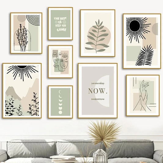 Boho Sage Green Leaves Face Posters Abstract Artwork Geometric Wall Art Canvas Painting Nordic Art Poster Living Room Home De Peaceful Pleasures Health and Wellness
