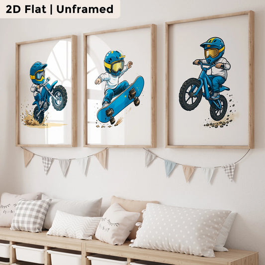 3-Piece Blue Motorcycle Canvas Wall Art | Modern Cartoon Poster Canvas Wall Art Peaceful Pleasures Health and Wellness GP131-3pcs 60x80cm Unframed