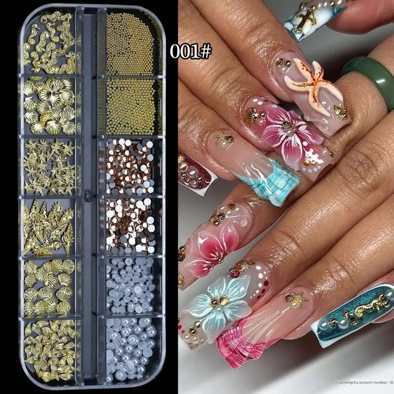 3D Nail Charms Set – Punk Rivets, Bows & Rhinestones, 12 Grid
