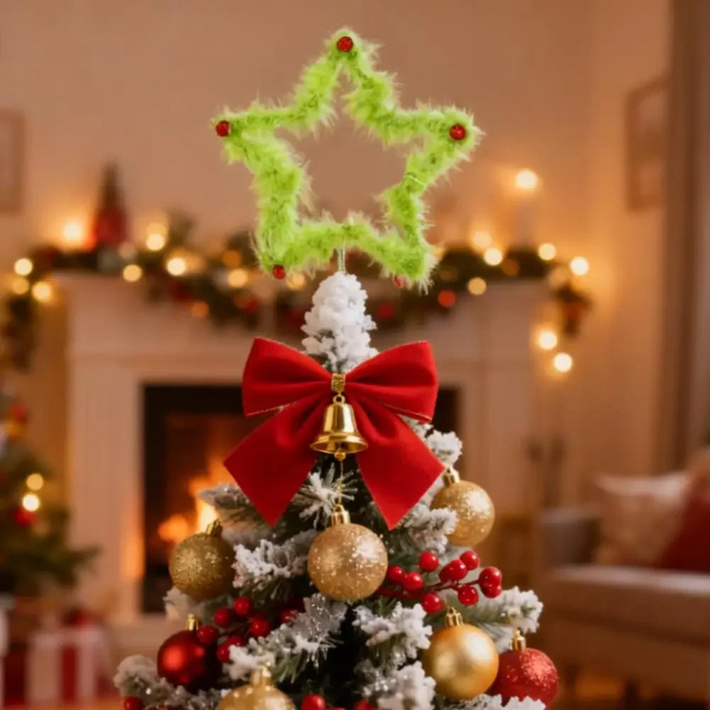 Christmas Fuzzy Grinch Star Tree Topper Iron Green Plush Holiday Festive Creative Home Party Decor Ornament Peaceful Pleasures Health and Wellness