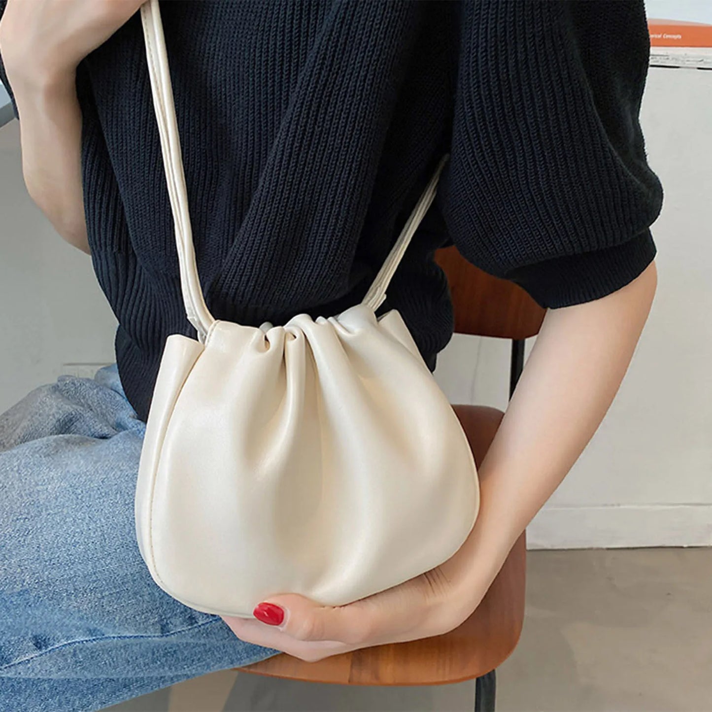 Soft PU Leather Shoulder Bags Versatile Pleated Crossbody Bags with Adjustable Strap for Women Travel Party Work Peaceful Pleasures Health and Wellness Creamy white