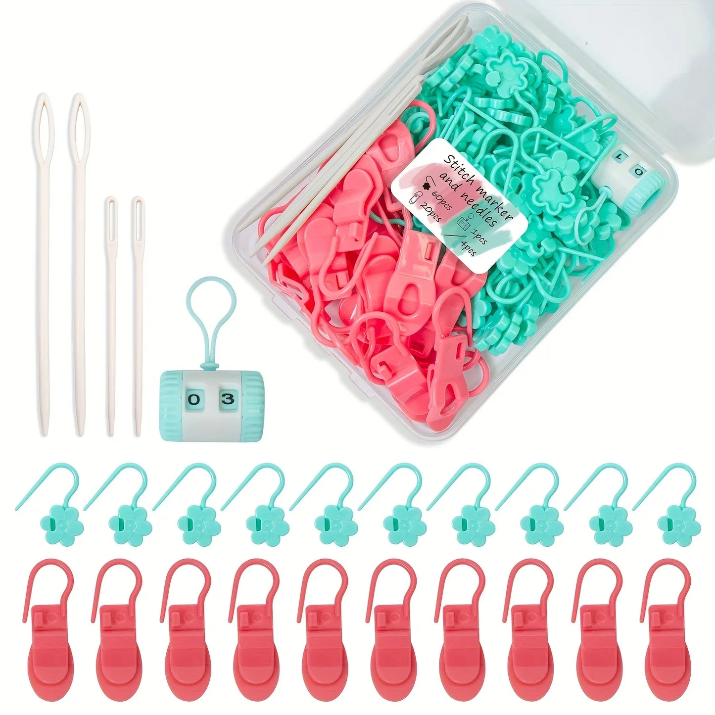 60 knitting Needle labels, 20 locking needles clip crochet needle labels, crochet needle set with 1 set and 1 plastic cover Peaceful Pleasures Health and Wellness Pink