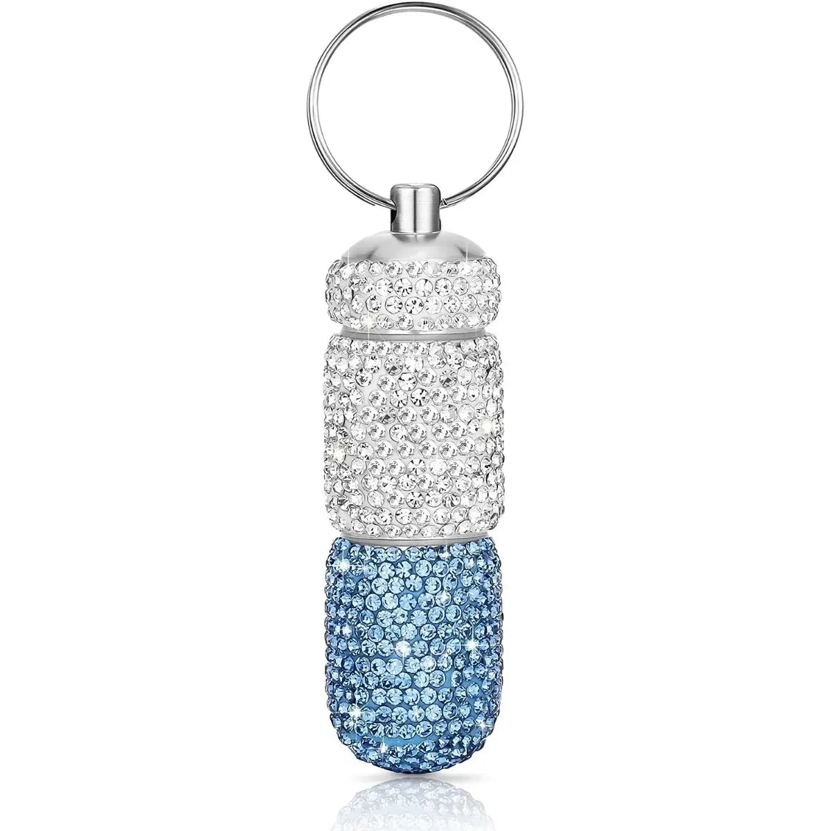 Bling Keychain Pill Box 2 Compartments Small Travel Pill Case Organizer Crystal Diamond Medicine Bottle Pill Bottle Keychain Peaceful Pleasures Health and Wellness Silver-Blue