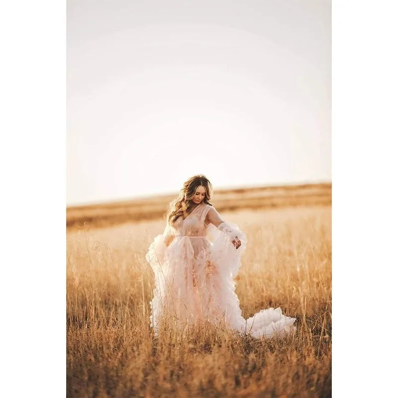 Photoshoot-Ready Tulle Maternity Gown - Puffy Ruffles, Bridal Style, Long Lingerie Dressing Robe for Pregnancy Peaceful Pleasures Health and Wellness