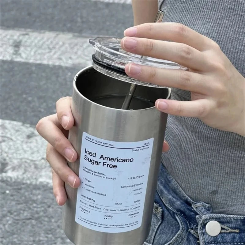 600ml Insulated Stainless Steel Thermos Cup with Straw Insulated Thermos Cup Peaceful Pleasures Health and Wellness