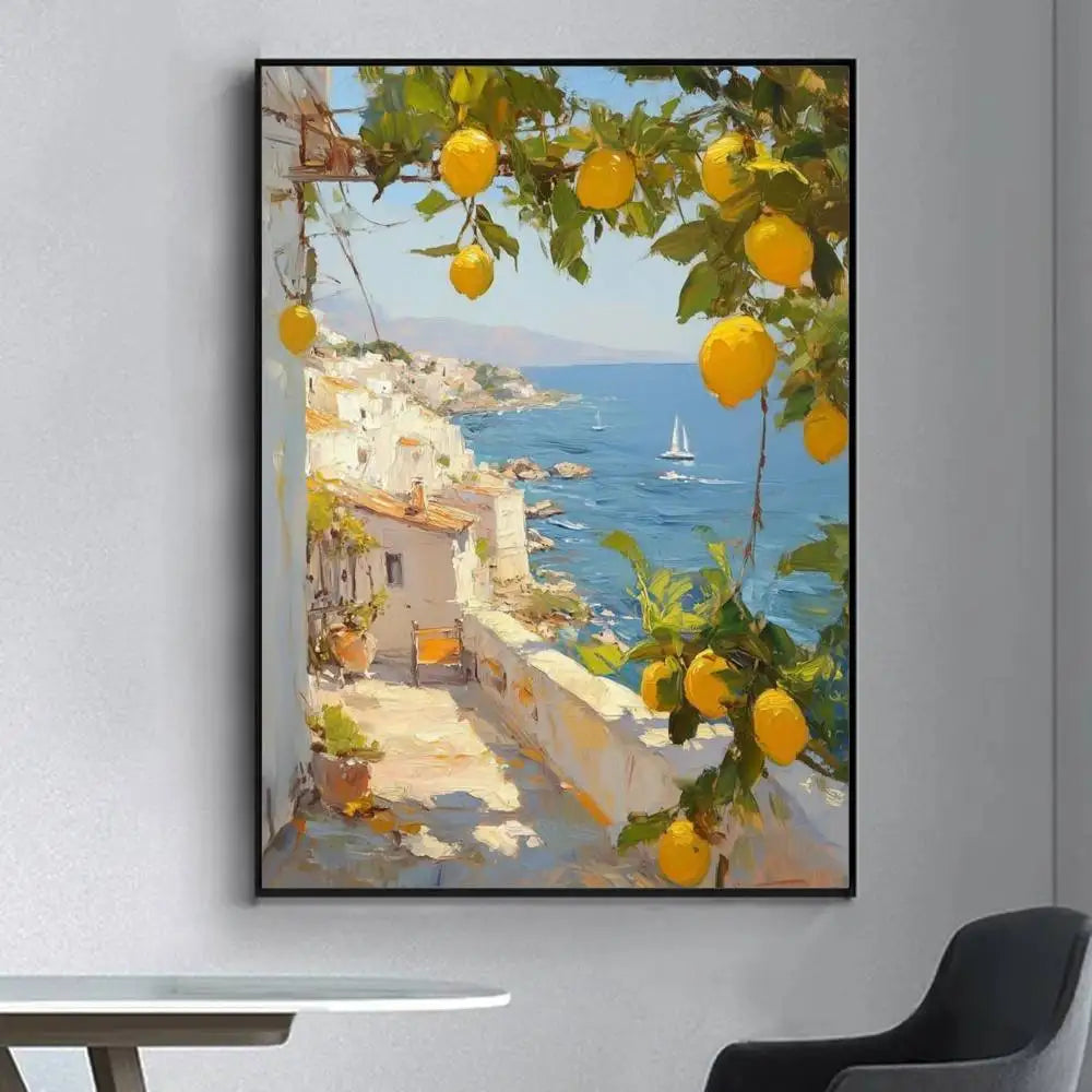 Lemon Abstract Landscape Retro Frameless Canvas Wall Art Print