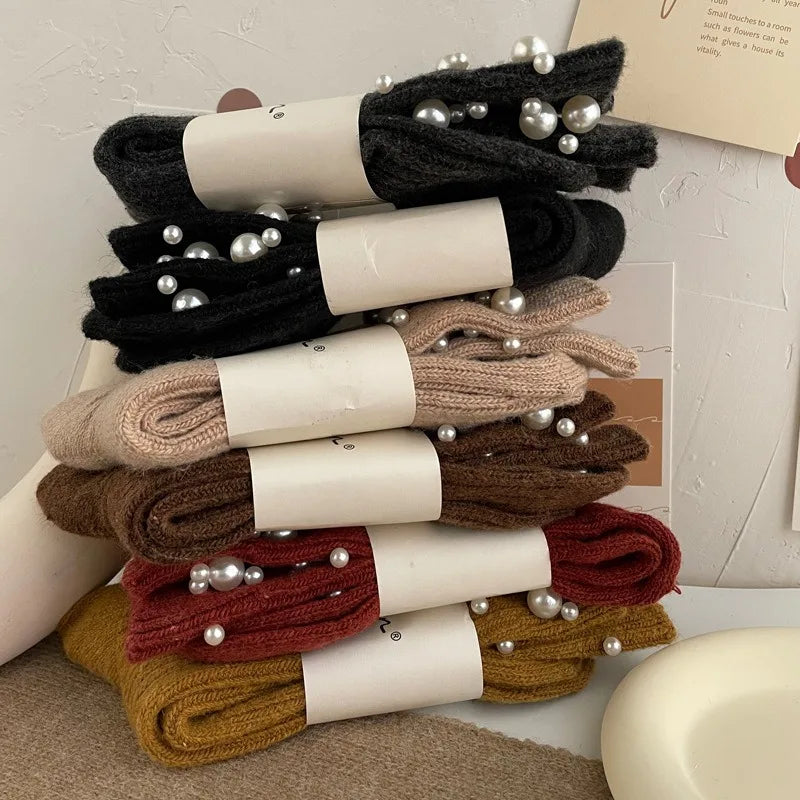 1 Pair of Women's Fashionable Pearl Decorative Socks, Cute Princess Style Mid Calf Korean Style Socks, Clothing Accessories Peaceful Pleasures Health and Wellness