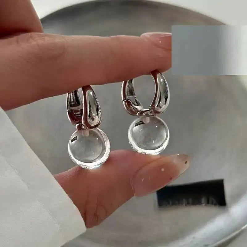Clear Glass Ball Hoop Drop Earrings | Korean Fashion Jewelry