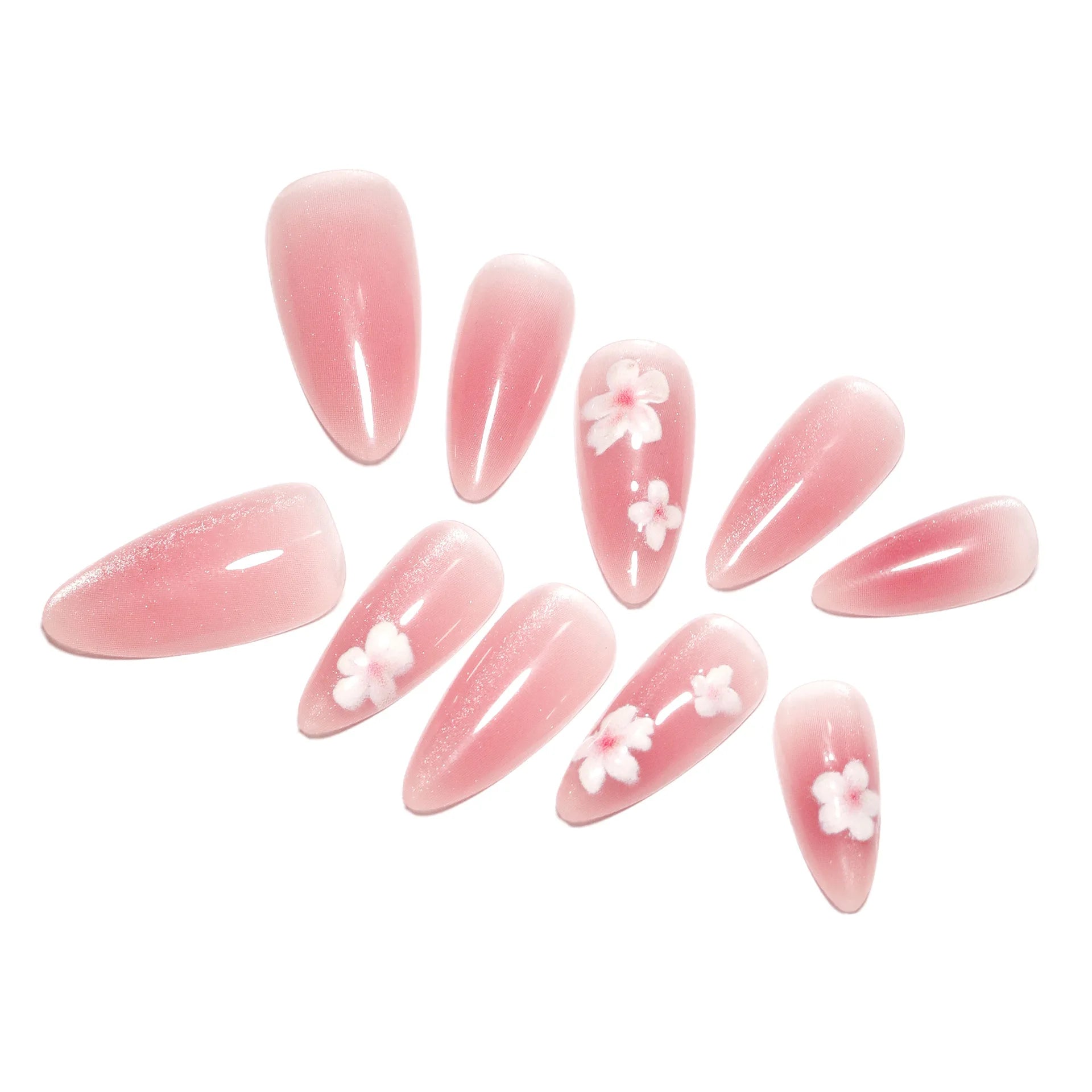 Handmade Press on Nails Sweet Pink Cat Eye False Nails Simple White Flowers Printed Korean Style Almond Shaped Fake Nail Tips Peaceful Pleasures Health and Wellness