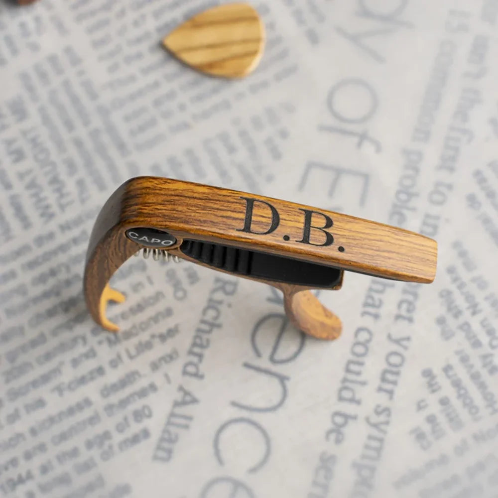 Personalized Metal Guitar Capo | Engraved Wood Grain Gift