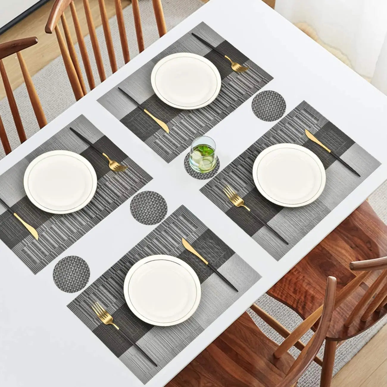 PVC Placemats Set Washable Dining Table Mats Set Tear-proof Heat Resistant 6 x Place Mats 6 x Coasters and 1 x Table Runner Peaceful Pleasures Health and Wellness