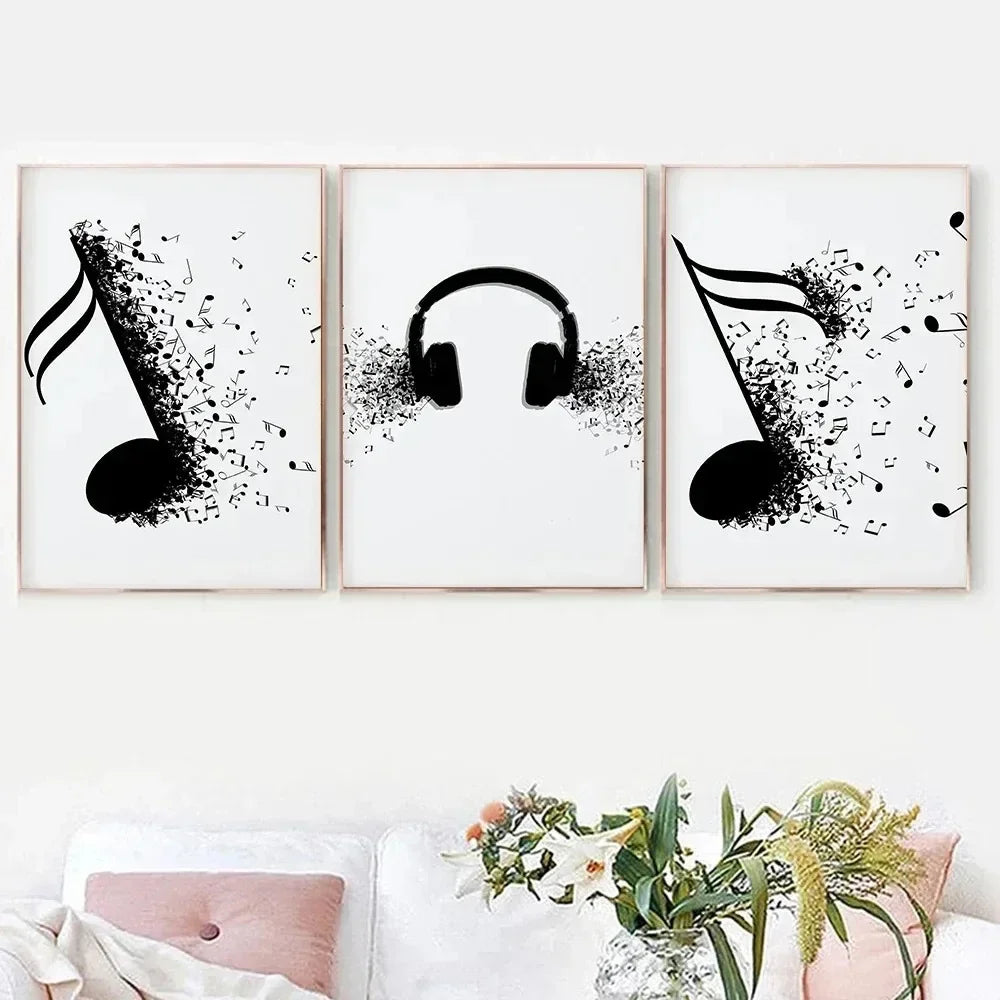 Abstract Wall Art Nordic Musical Note Headphones Canvas Painting Modern Poster Black.White Lines for Living Room Home Decoration Peaceful Pleasures Health and Wellness