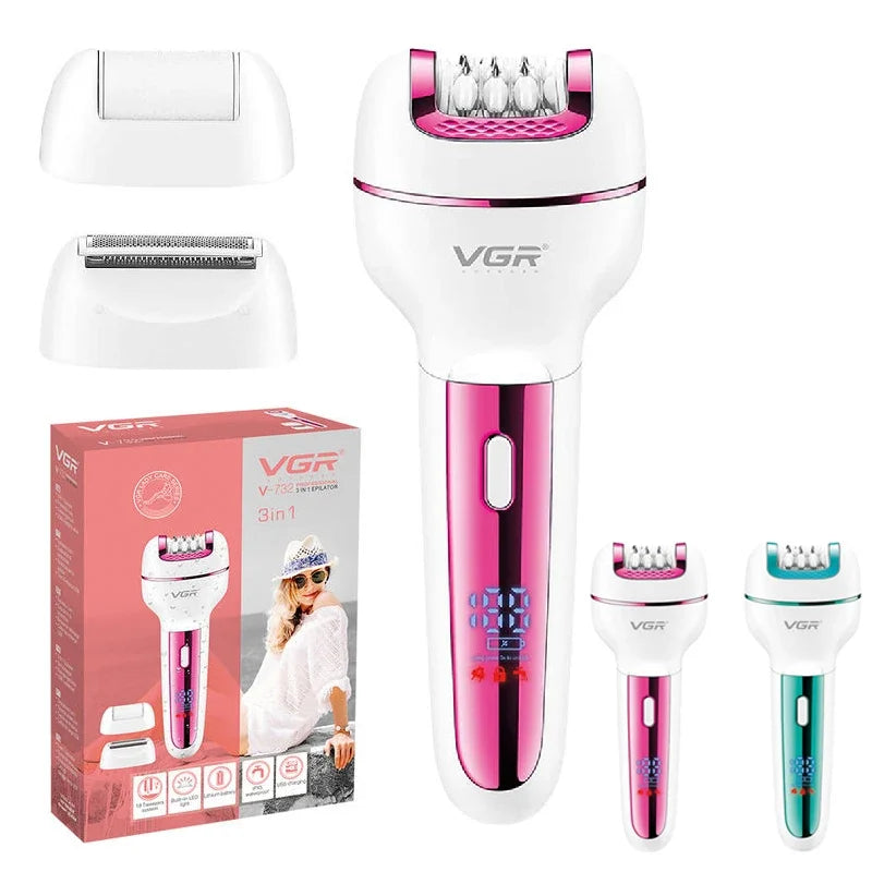 VGR 732 Original 3in1 Epilator Women Electric Shaver For Face Body Rechargeable Lady Trimmer Hair Removal Bikini Underarms Legs Peaceful Pleasures Health and Wellness