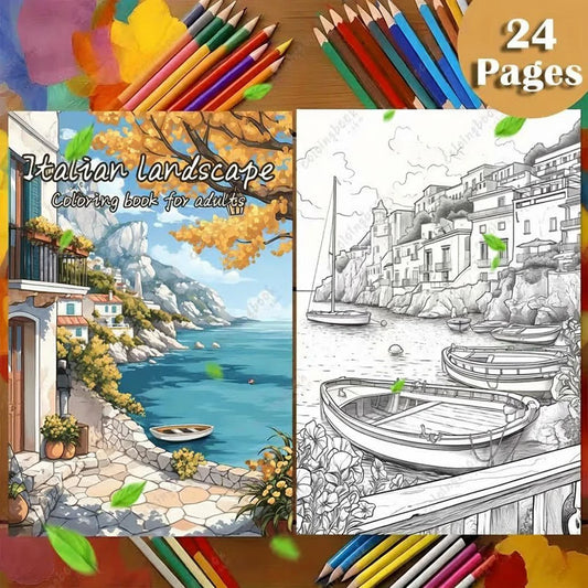 24 Page A4 Italian Architectural Landscape Coloring Book Leisurely Peaceful Pleasures Health and Wellness