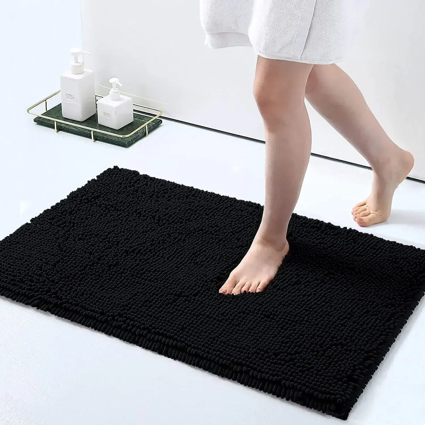 Chenille Soft Plush Bath Mat Super Absorbent Washable Non Slip Bathroom Comfortable Carpet for Shower Toilet Doormat Floor Rugs Peaceful Pleasures Health and Wellness Black 50x80CM