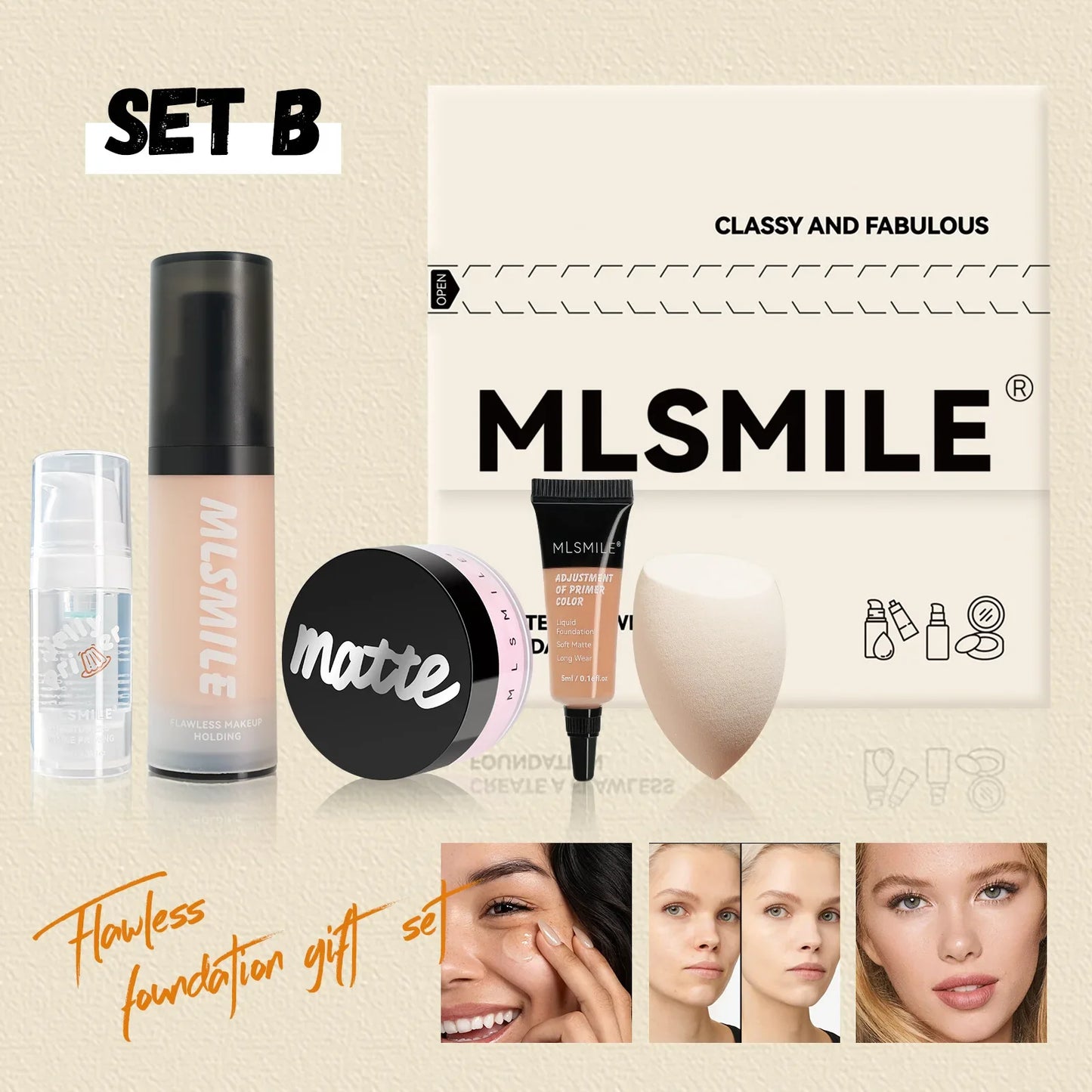 MLSMILE Makeup Set – Primer, Foundation, Concealer & Powder