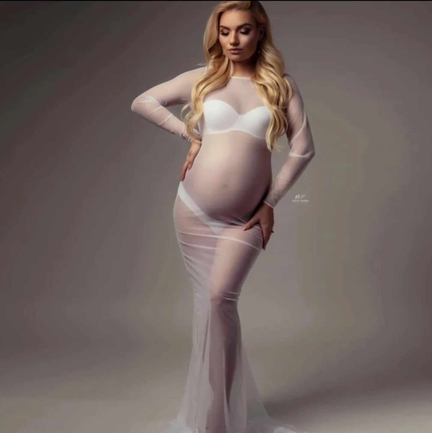 Tulle Bodysuit Pregnancy Dress Mesh Fabric Long Sleeve Stretch Women Maternity Outfit Slim Fit Style Skirt For Photo Shoot Peaceful Pleasures Health and Wellness white M