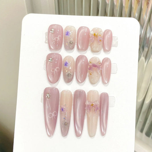 Pink Cat Eye Press On Nails | 3D Bow Korean False Nails 10pcs Press On Nails Peaceful Pleasures Health and Wellness