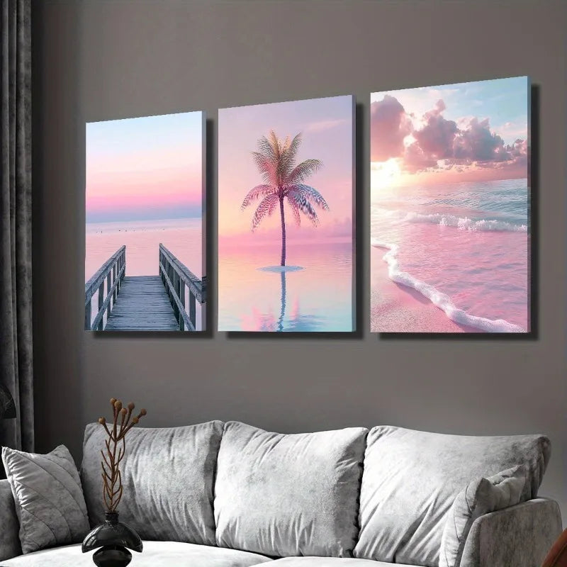 3-Piece Pink Sunset Beach Canvas Wall Art | Tropical Decor Canvas Wall Art Set Peaceful Pleasures Health and Wellness