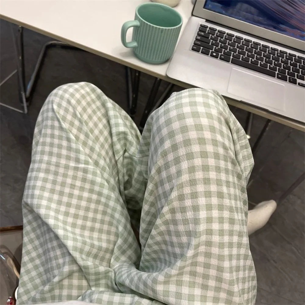 Women's High Waist Wide Leg Plaid Pajama Pants | Cotton Pajama Pants Peaceful Pleasures Health and Wellness XXXS green lattice