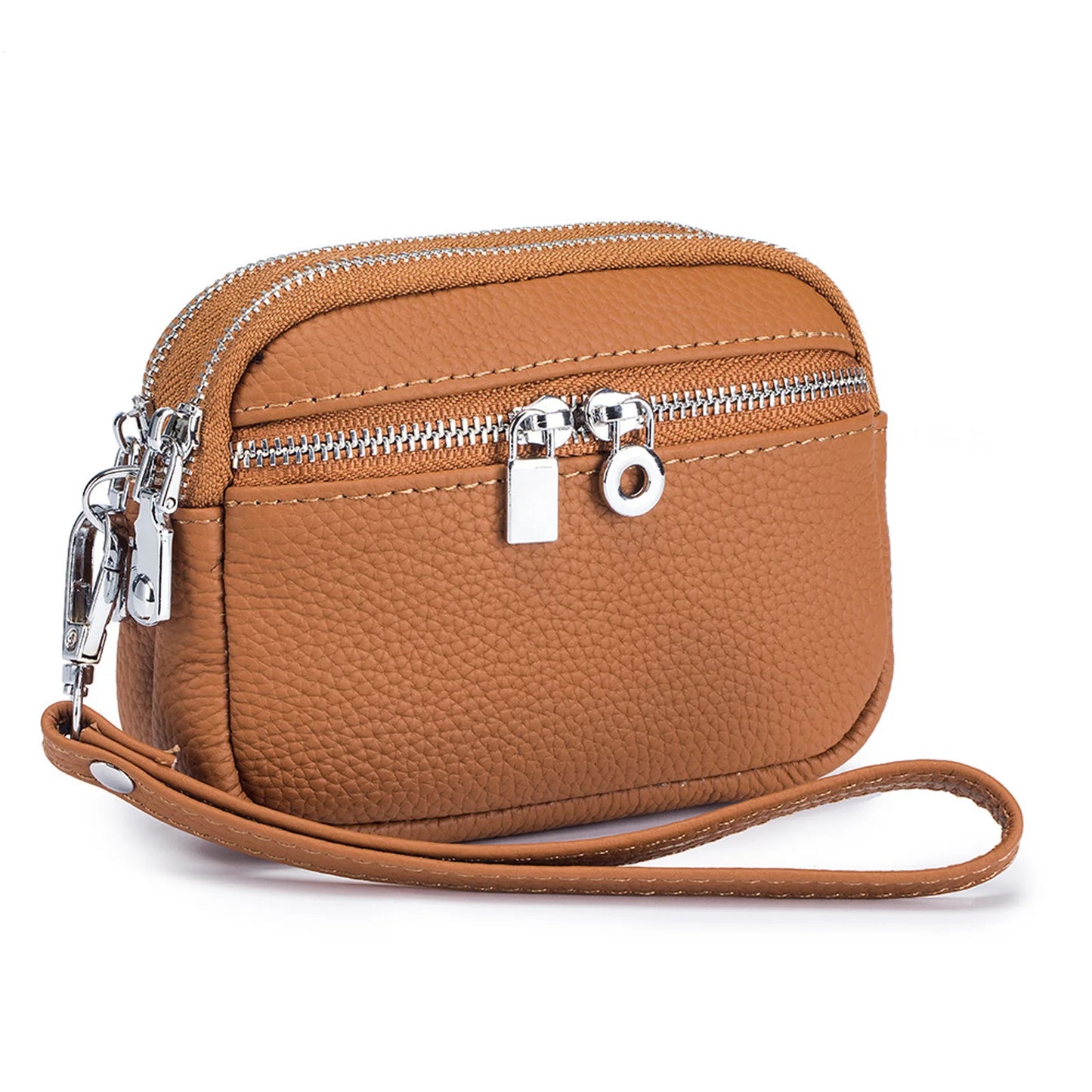 Women Mini Crossbody Bag With Double Zippers Large Capacity Coin Purse PU Leather Wallet Peaceful Pleasures Health and Wellness Brown