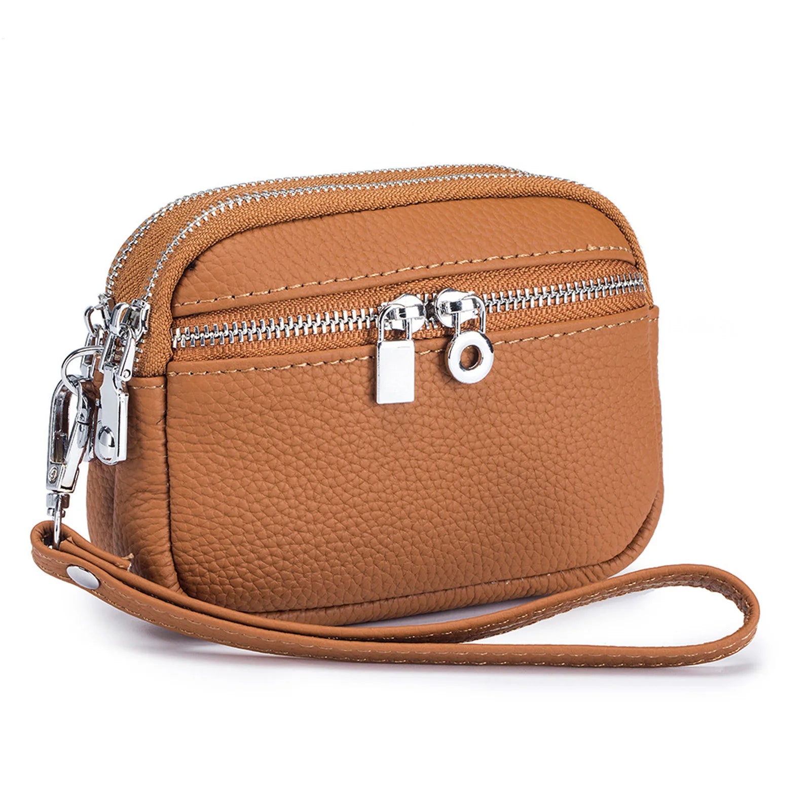 Women Mini Crossbody Bag With Double Zippers Large Capacity Coin Purse PU Leather Wallet Peaceful Pleasures Health and Wellness Brown