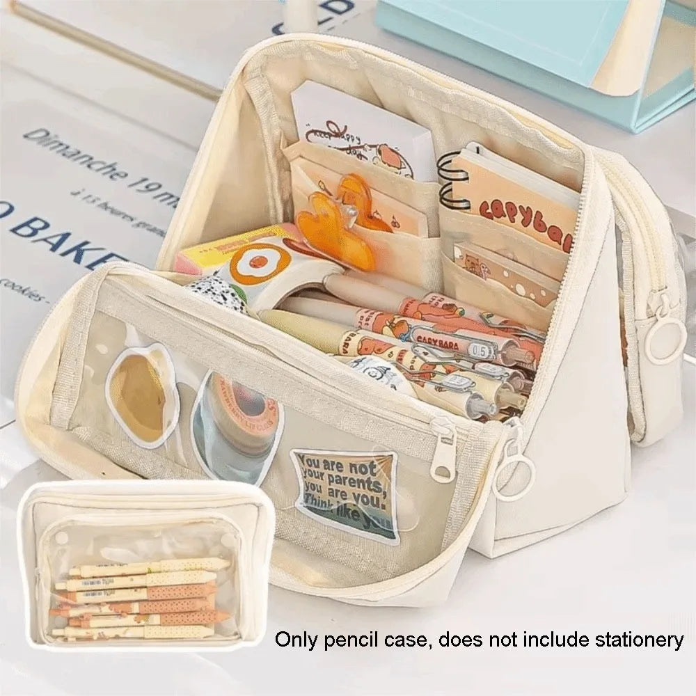 Kawaii Large Capacity Transparent Pencil Case DIY Zipper Transparent Pen Bag Multifunctional Solid Color Stationery Box Friend Peaceful Pleasures Health and Wellness Beige