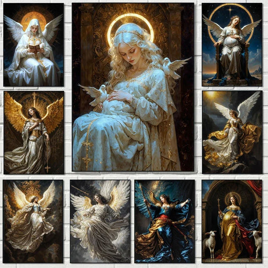 Nordic Religious Art Benevolent Portrait Of The Virgin Mary Archangel Canvas Painting, Wall Art for Living Room Home Decor Peaceful Pleasures Health and Wellness