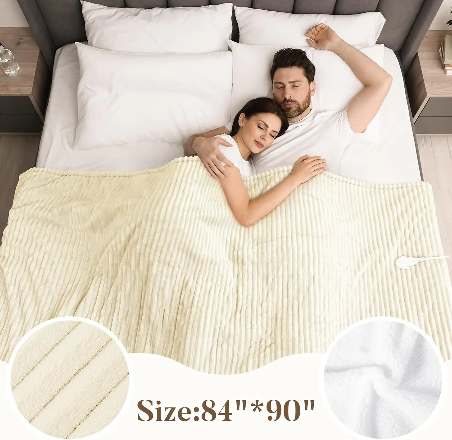 Queen Electric Heated Blanket 84x90" – 6 Levels, ETL/FCC, Flannel, Beige Peaceful Pleasures Health and Wellness