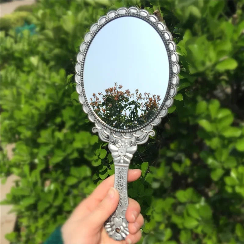 2pcs Ladies Makeup Hand Hold Mirror, Oval Round, Floral, Vintage, Princess Lady Beauty Dresser Gift Peaceful Pleasures Health and Wellness silvery