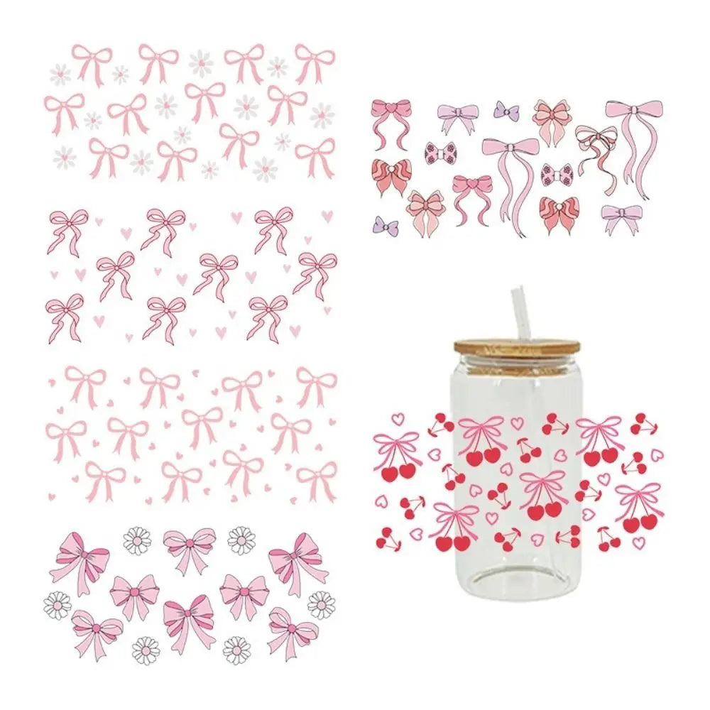 New Waterproof UV DTF Transfer Sticker Clear Smooth Pink Bow Decals Water Bottles Sticker For 16Oz Glass Cup Peaceful Pleasures Health and Wellness