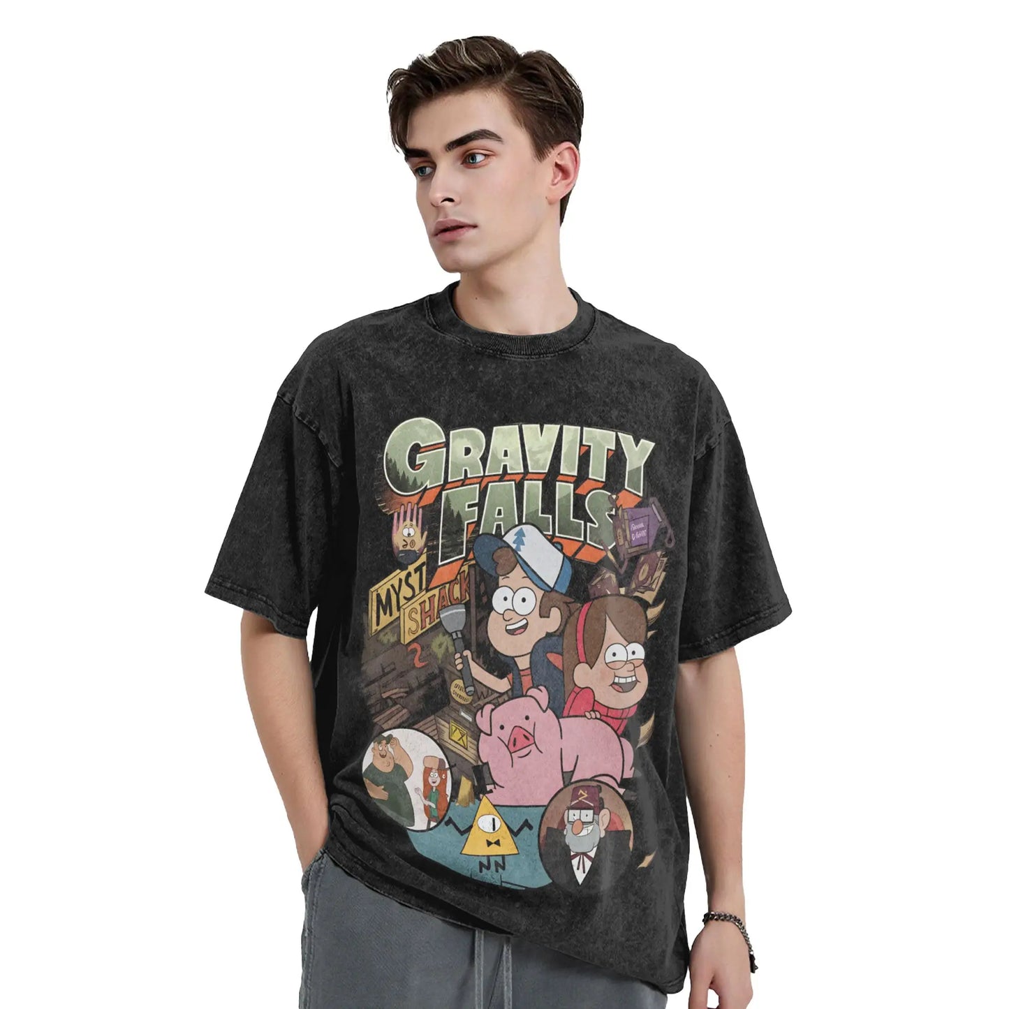 Gravity Falls Men T Shirt Washed Vintage Tee Shirt Short Sleeve Crew Neck T-Shirt Pure Cotton Graphic Printed Clothing Peaceful Pleasures Health and Wellness