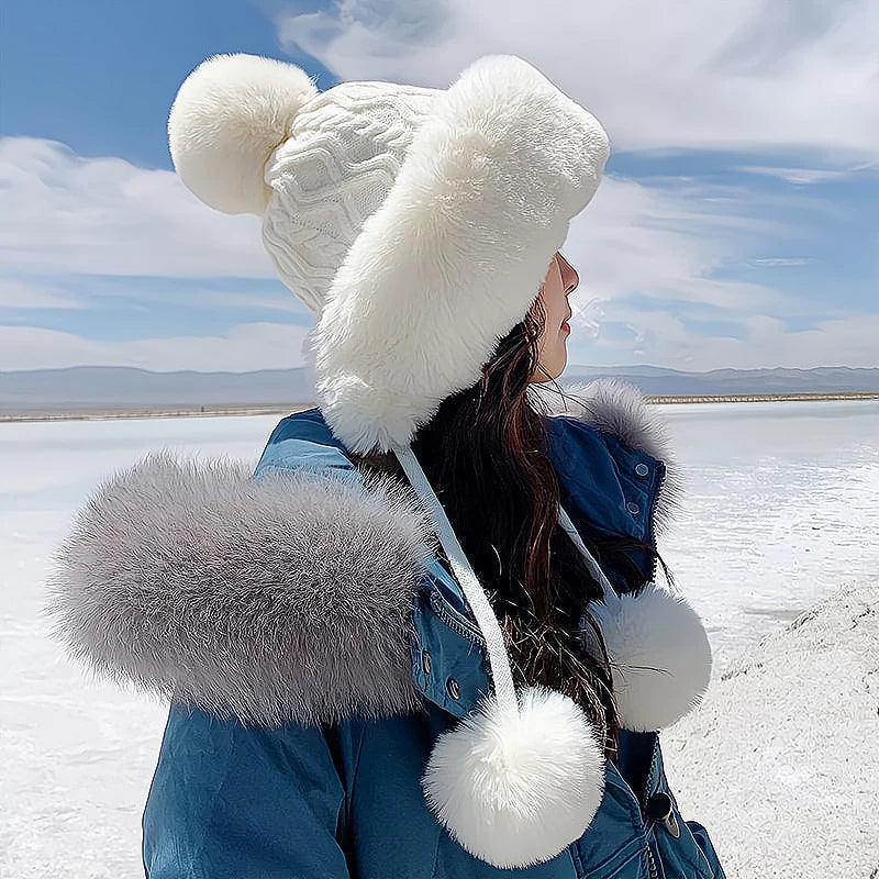 Women's Plush Ball Beanie | Winter Ear Protection Knit Hat