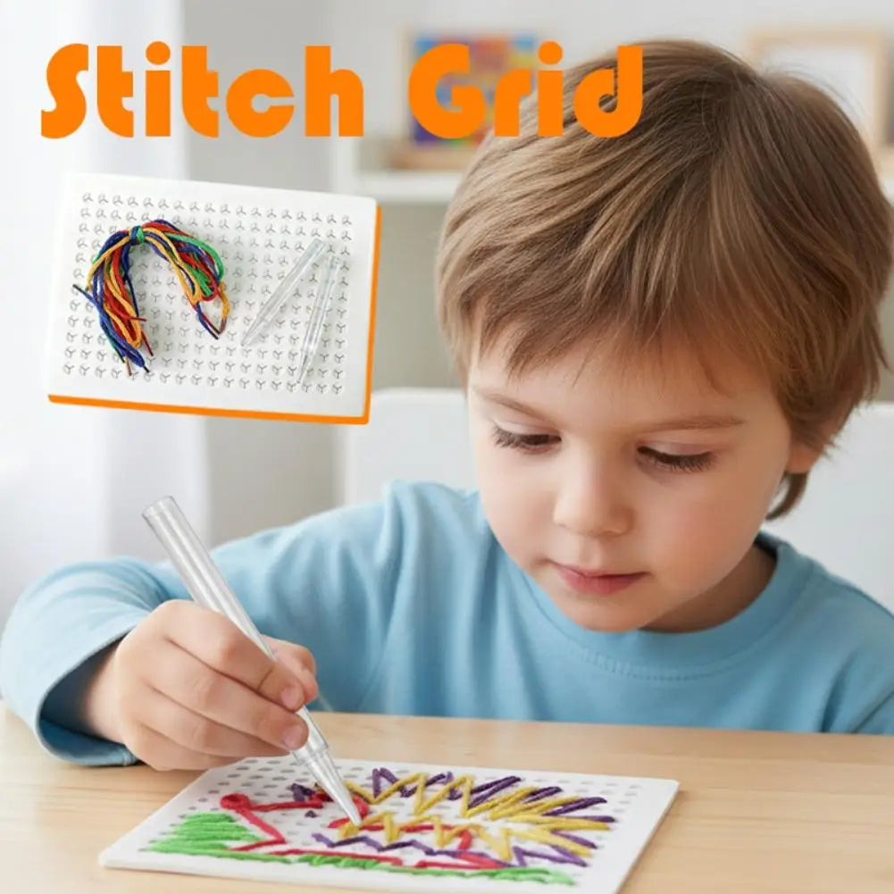 Handmade Kids DIY Threading Board Toy Colorful Grid Puzzle Rope