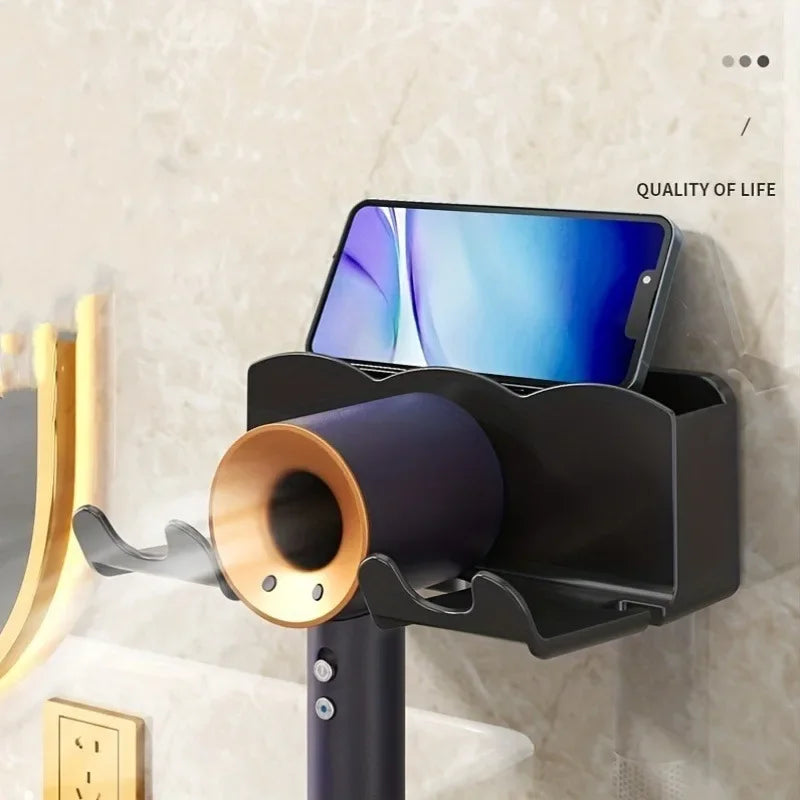 No-Drill Wall-Mount Hair Dryer Holder & Bathroom Storage Rack