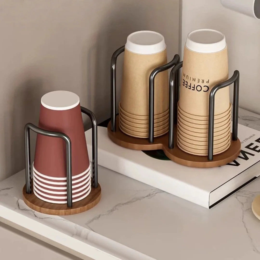 Coffee Cup Dispenser Rack Wood Base & Lid Organizer