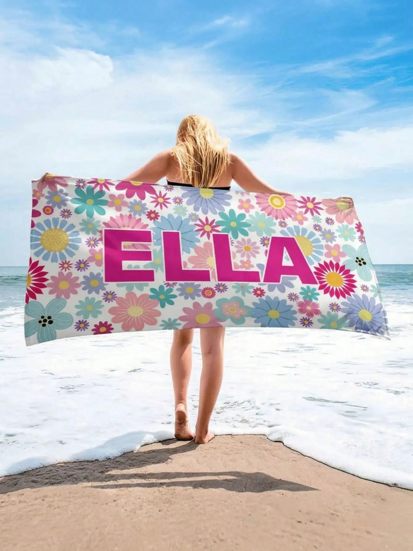 1pc Custom Name Beach Towel Kids Floral Personalized Pool Towel Soft Quick Dry Lightweight Absorbent 70x140 80x130 60x120 Gift Peaceful Pleasures Health and Wellness