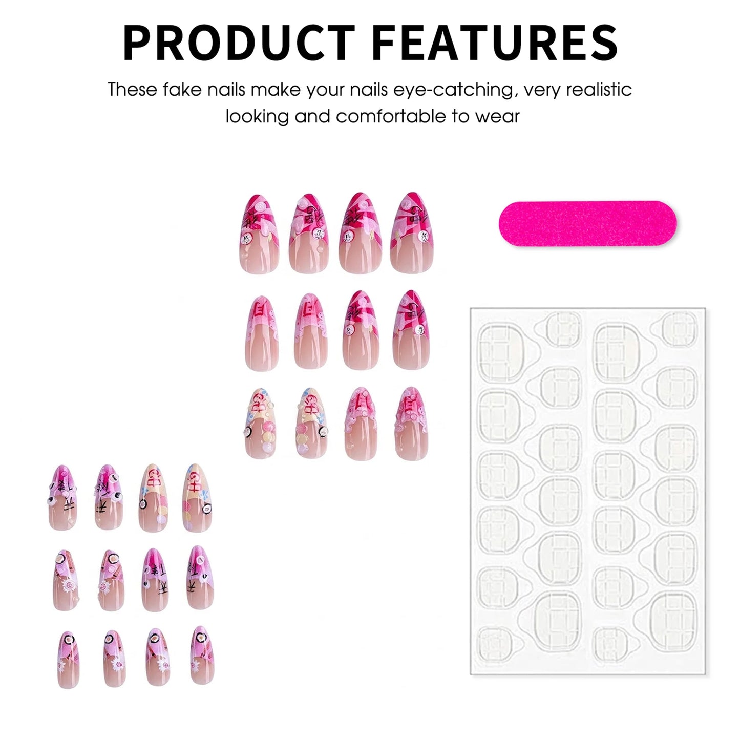 24pcs 3D Cartoon Press On Nails – Almond Y2K Fake Nail Set