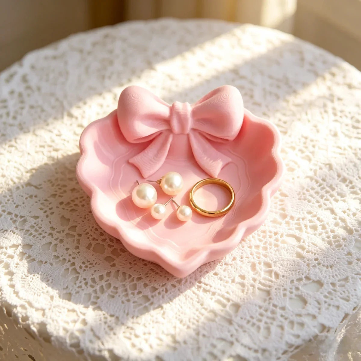Heart-Shaped 3D Printed Jewelry Tray – Pink Bow Desk Organiser