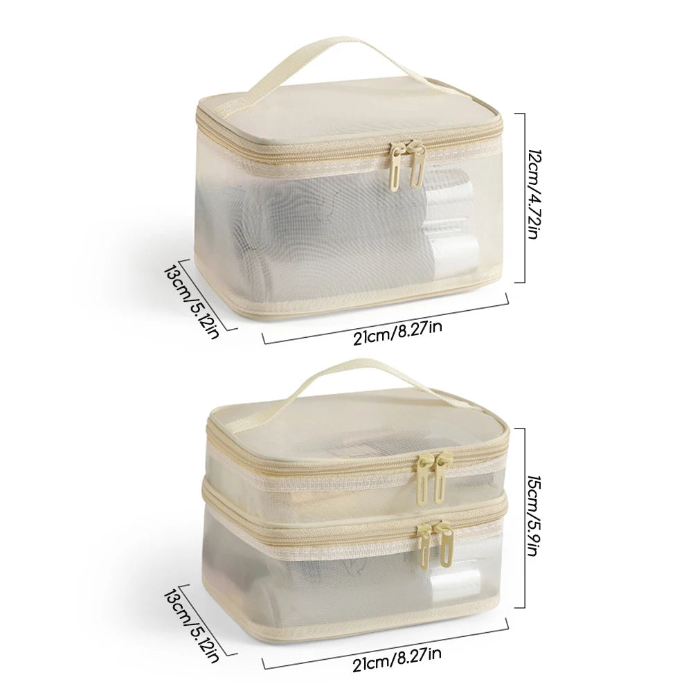 Double Layer Mesh Cosmetic Bag Women's Portable Makeup Toiletry Organiser Pouch With Zipper Large Makeup Pouch For Business Trip Peaceful Pleasures Health and Wellness