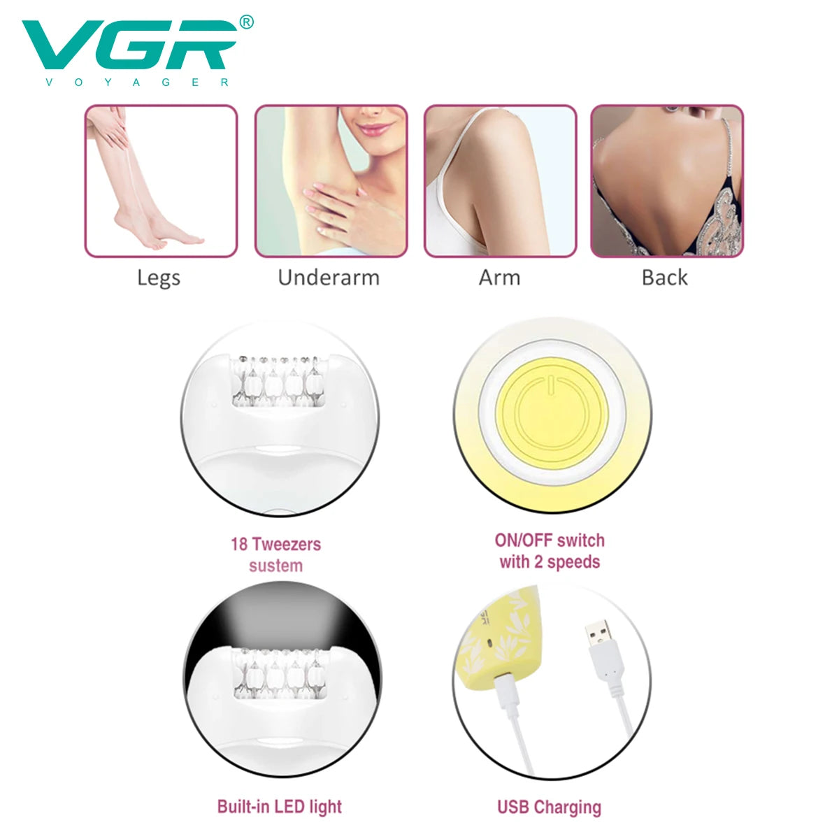 VGR 738 Electric Shaver Hair Removal Device Rechargeable Professional Women's Shaver Gradient Hair Removal Device Peaceful Pleasures Health and Wellness